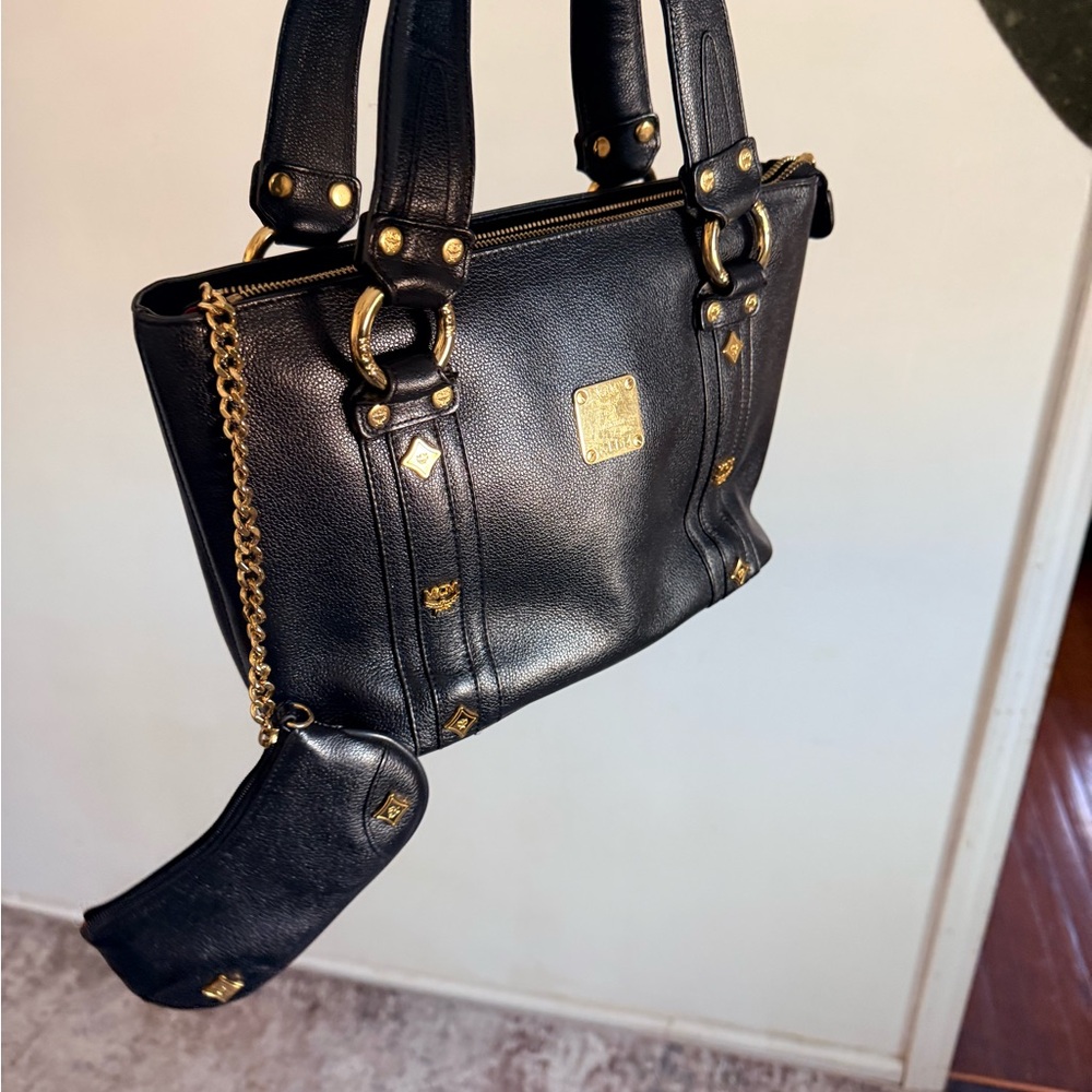 MCM Black Leather Shoulder Bag with Gold Hardware and coin holder